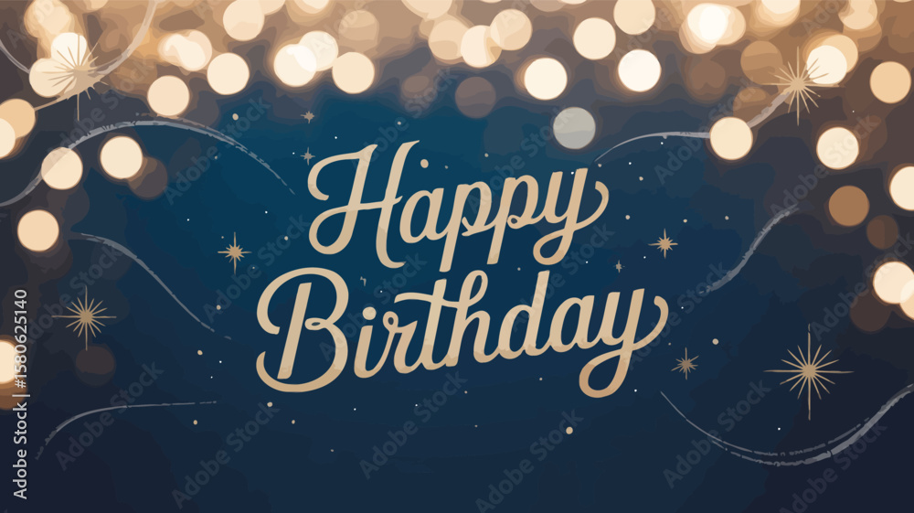 Fototapeta premium golden “happy birthday” text on dark blue gradient background with glowing bokeh lights and sparkles, elegant and festive greeting design