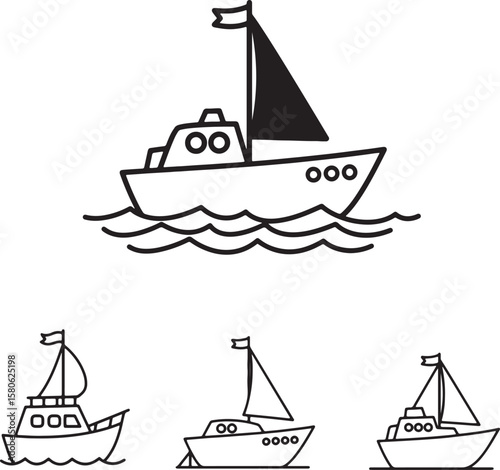 Simple black and white nautical illustrations featuring various sailboats and vessel designs