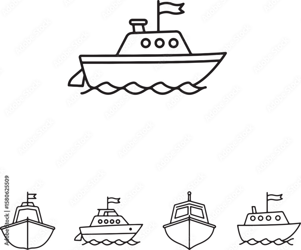 Fototapeta premium Simple outlined boats set on white background for nautical travel and transportation themes