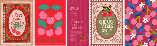 Cherry. Vector cute funny summer illustrations of berries, pattern, frame, border, lettering for poster, event invitation, declaration of love (valentine), greeting card, wall art or background