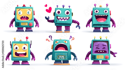 Set of expression funny robot flat design cartoon