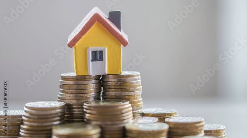 Detailed illustration showing a miniature house positioned atop stacks of coins symbolizing reverse mortgage and asset refinancing ideas