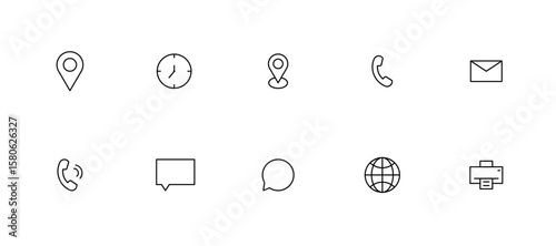 Communication and contact icon set, Outline symbols for phone email location clock globe chat, Minimal business icons pack, UI communication vector collection, vector illustration.