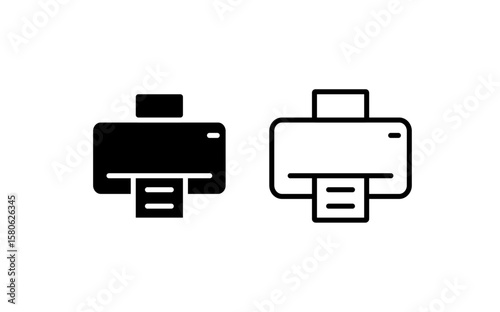 Printer icon set, Solid and outline printer symbols, Print machine device icons, Office technology graphic, Minimal vector print icon collection, vector illustration.