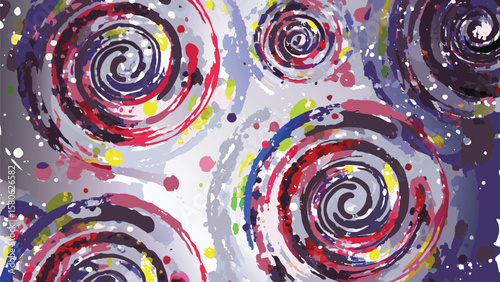 Artistic swirls and colorful splatters create a dynamic and vibrant abstract composition with a playful feel