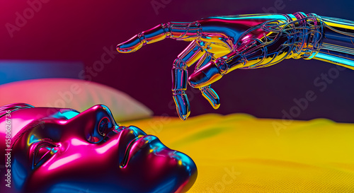 The hand cyborg made liquid metal shimmering with neon colors reaches out to face cyborg and almost touches it, bright neon light space and concept of transmitting information impulse of life force