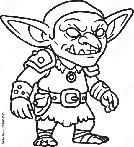 Vector illustration of a grumpy goblin cartoon character in fantasy armor and attire