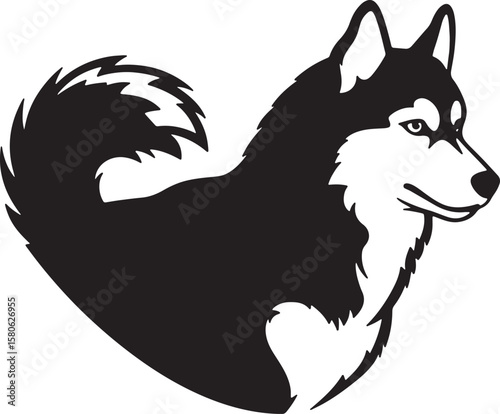 Vector illustration of a sleek black and white siberian husky dog in profile