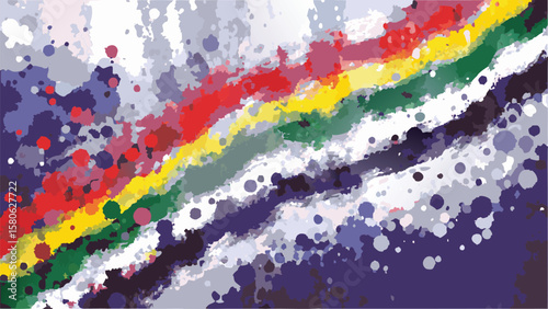 Abstract painting featuring diagonal stripes of vibrant colors and scattered paint splatters artistically done