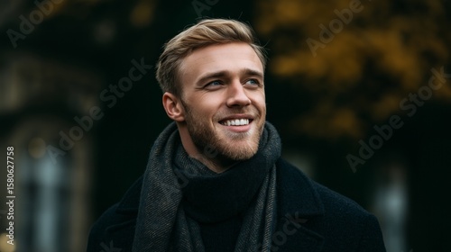 A man with a beard and a scarf is smiling