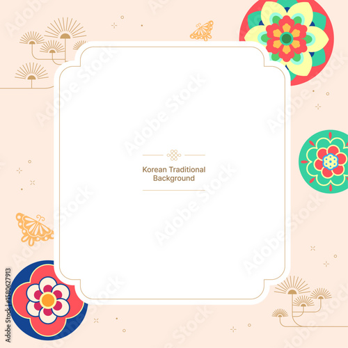 한국 전통 무늬 배경 프레임 템플릿. 단청무늬 장식과 전통 느낌의 소나무와 나비