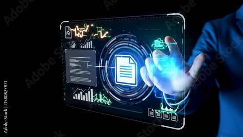 Businessman using holographic document management interface showing digital file storage, data organization, and futuristic tech system for managing record and business information.