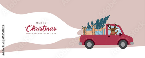 cute deer sits in a car with christmas tree and gifts vector illustration