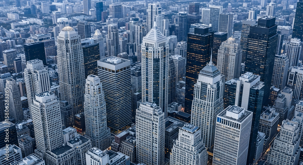 Fototapeta premium Twilight Aerial View of a Dynamic Cityscape Blending Modern and Historic Architecture