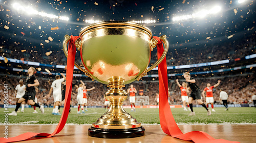 A golden champion's cup against the backdrop of jubilant football players and falling confetti at the stadium.