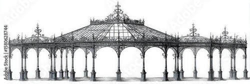 Ornate wrought iron gazebo design. Architectural drawing in grayscale.