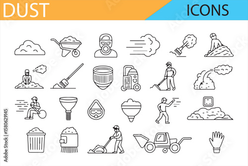 Minimalistic icons representing dust removal, air filtration, and construction cleaning tools.