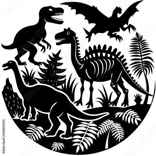 Dinosaur Adventure Vector Illustration – Collection of Dinosaur Silhouettes and Cretaceous Skeletons

