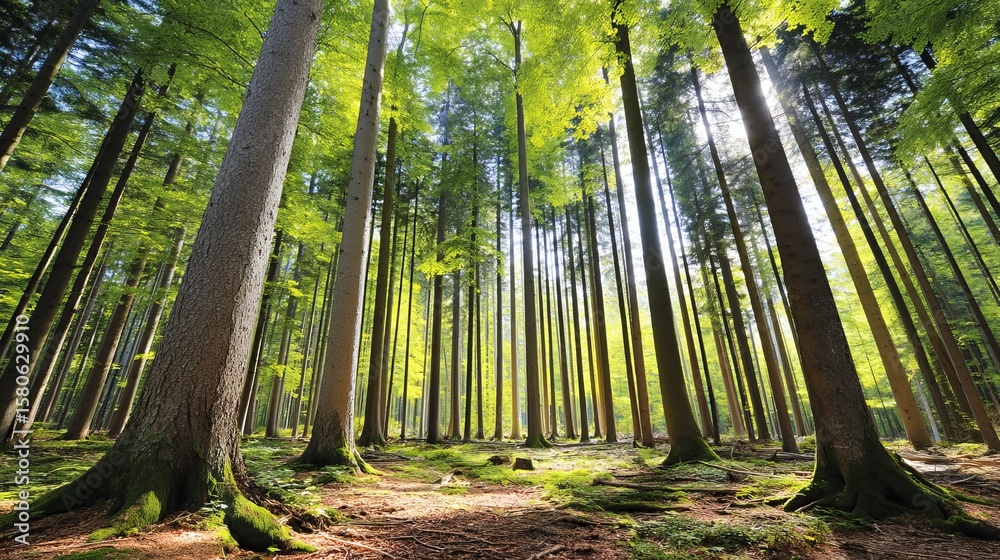 Fototapeta premium Majestic Sunlit Pine Forest with Lush Green Foliage and Towering Trees in Tranquil Nature Setting