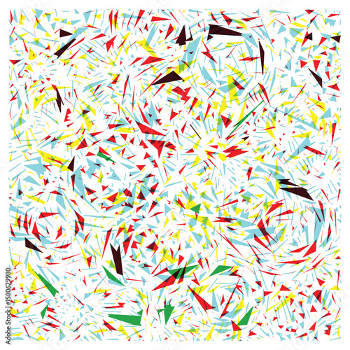 A vibrant abstract composition filled with overlapping shades of red, yellow, blue, and green against a white background