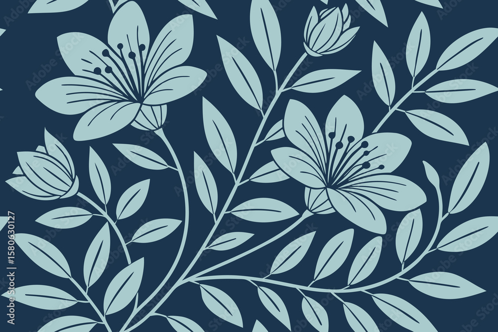 Fototapeta premium Blue botanical pattern with blossoms and leaves, Seamless floral background for textile and wallpaper designs