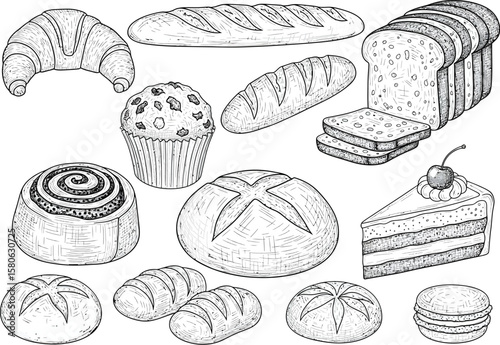 Collection of hand drawn bakery items including bread pastries and cake slice