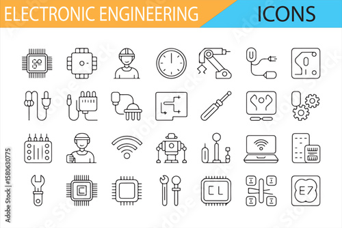 Minimalistic vector icons illustrating electronic engineering elements, ideal for tech and robotics.