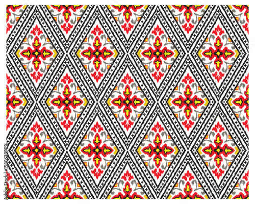  Bold diamond paisley patterned fabric featuring intricate floral motifs in red, yellow, and gray against a black and white background.