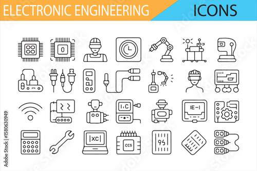A set of icons representing key components of electronic engineering like chips, robotics, and power tools.