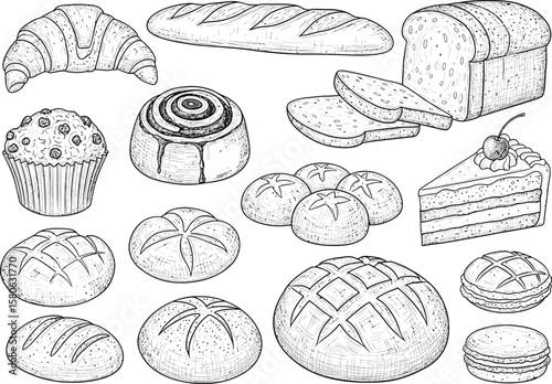 Collection of hand drawn bakery items including bread rolls croissants muffins and cake