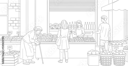 Line art shows people shopping at a market stand with fresh produce.