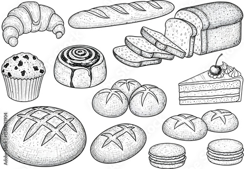 Collection of hand drawn bakery goods including croissant bread muffin and cake