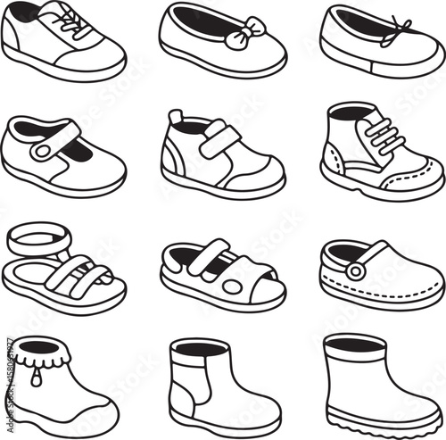 "Kids' Footwear: A Playful Line Icon Collection"