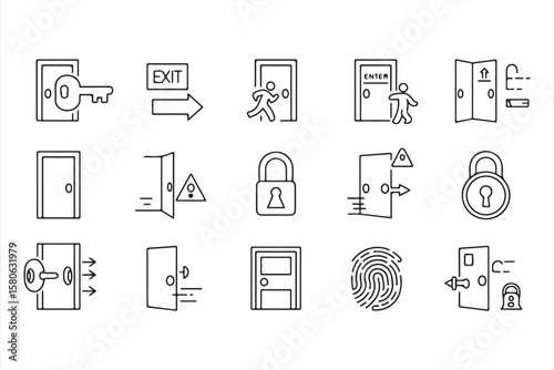 Simple vector icons for doors, locks, and access control, perfect for security and infrastructure designs.