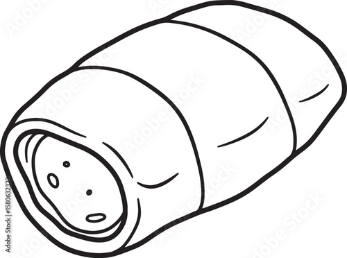 Black and white illustration of a delicious wrapped food item likely a savory roll