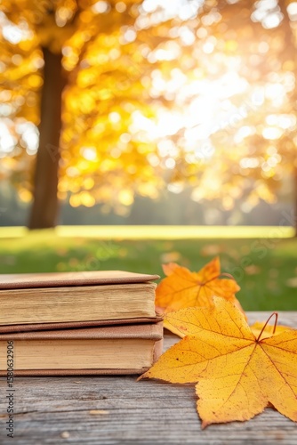 Two vintage books rest on a wooden surface beside vibrant autumn leaves, with a sunlit forest glowing warmly in the background.