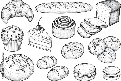 Collection of delicious baked goods and pastries in a charming sketch style