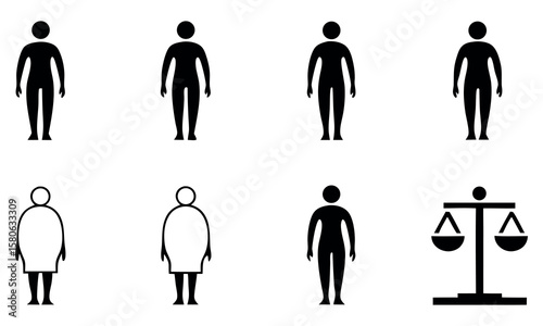 Visual Representation of Body Types and Balance A Diverse Array of Human Figures and a Scale Emblem