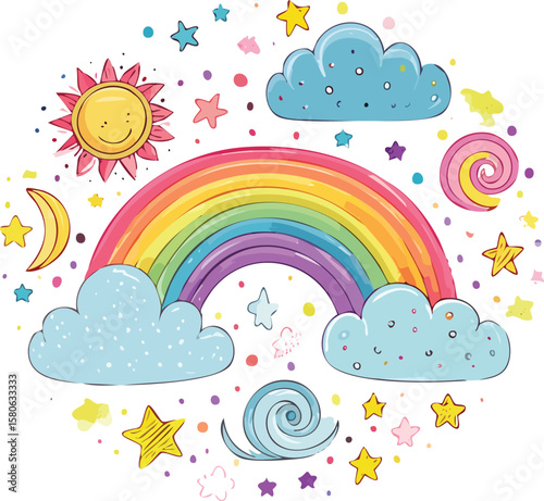 Colorful vector weather icons set illustrating sun, clouds, rainbow, rain, and moon for nature forecast design