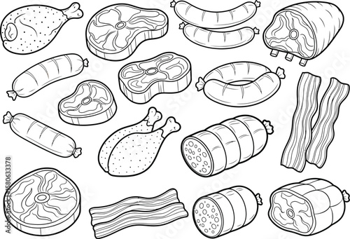 Collection of delicious meat products including steaks sausages bacon and chicken legs