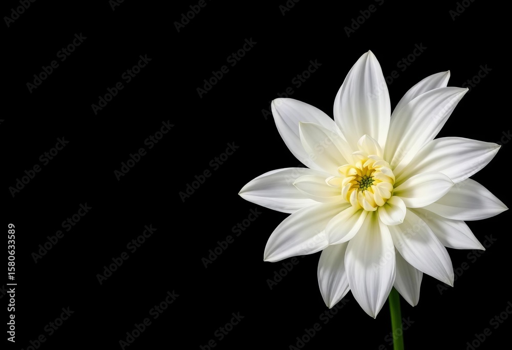 Obraz premium A pristine white dahlia, petals unfurling, isolated against a deep black backdrop, floral, design