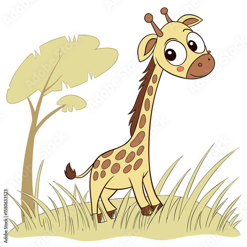 A cute giraffe stands near a tree in the savanna vector