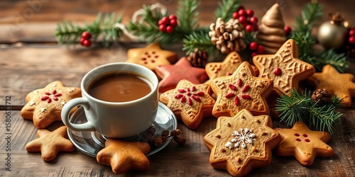 A steaming cup of coffee beside an assortment of Christmas cookies on a rustic wooden table, delicious, warm