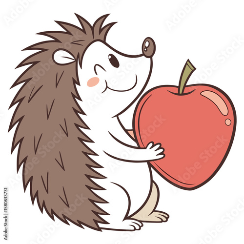 A cute cartoon hedgehog holds a red apple with a smile vector