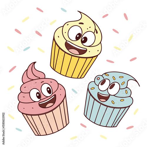 Three happy cartoon cupcakes with colorful sprinkles vector
