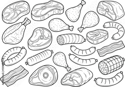 Collection of assorted raw meat products including steaks chicken legs sausages and bacon