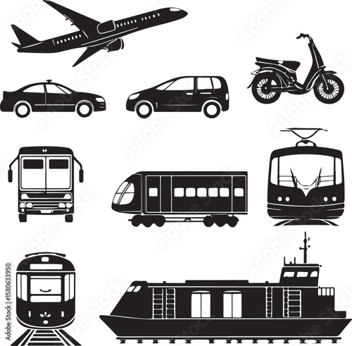 Diverse black silhouette transport icons airplane car scooter bus train ferry vector