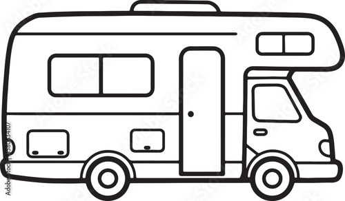 Black and white outlined illustration of a recreational vehicle for travel and camping