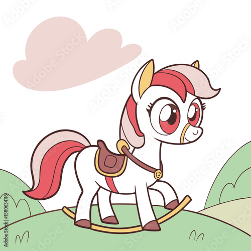 A cute cartoon rocking horse with pink mane and tail vector