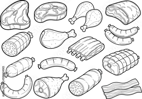 Collection of various raw meat products and sausages in a stylized line art drawing